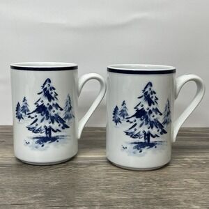 Dansk Blue Winter Pine Tree Mugs Set of 2 | Made in Portugal Nordic Cups